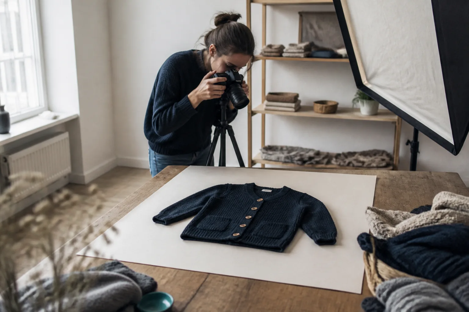 A knitwear founder photographing a cardigan for her ads