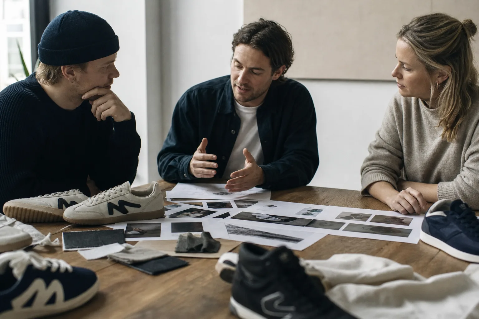 A sneaker founder going through photo proofs and samples with two collaborators