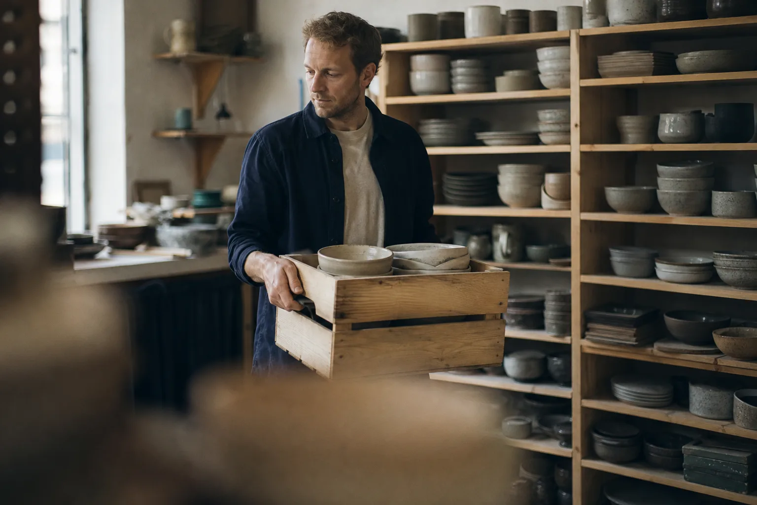 A ceramics founder carrying a crate of bowls between shelves of stock