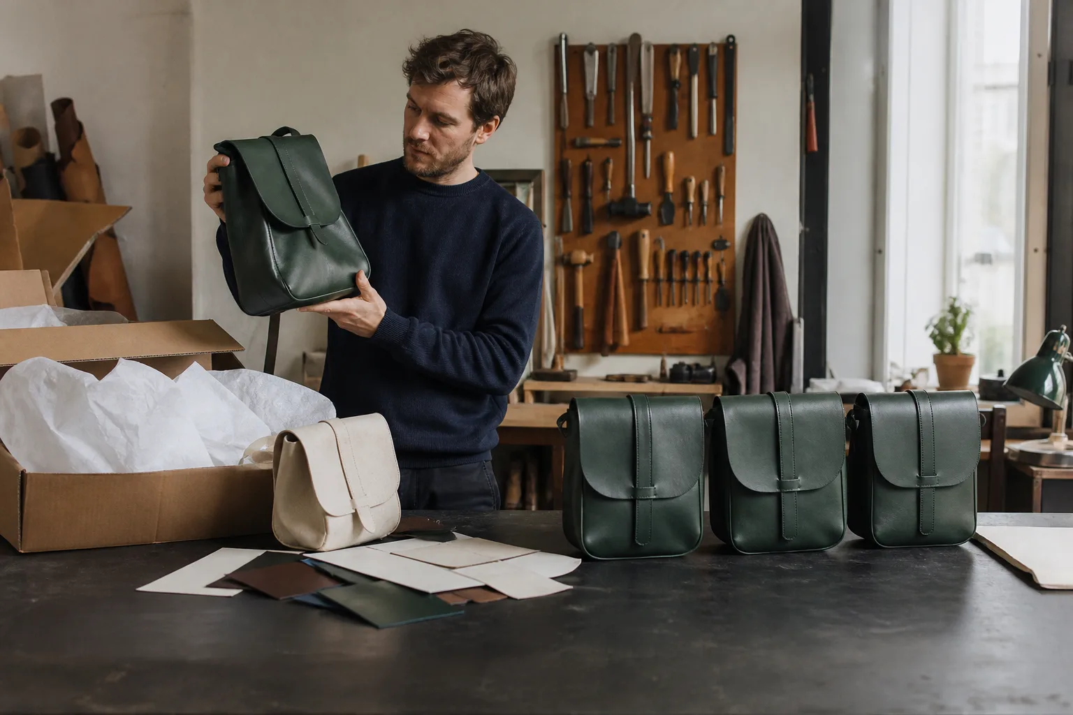 A leather goods founder unpacking the first run of a new green bag, with the canvas prototype and leather swatches beside it