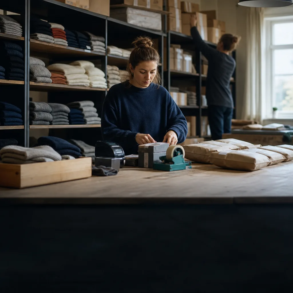 A busy knitwear stockroom with orders being packed and stock pulled from the shelves