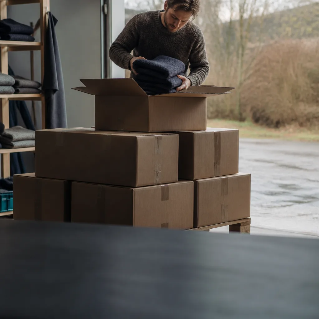 A pallet of new stock arriving and the first box of sweaters being unpacked