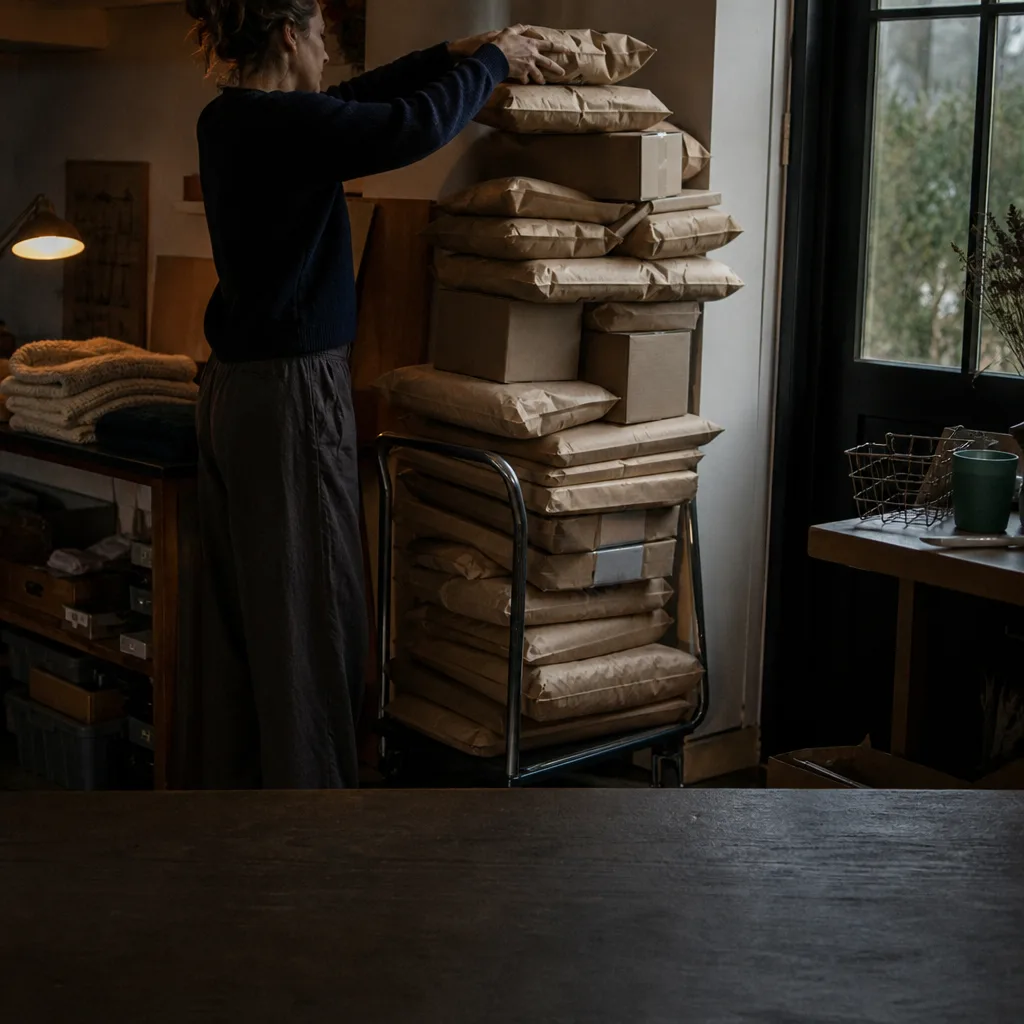 A trolley stacked with the day's packed orders, ready for the courier