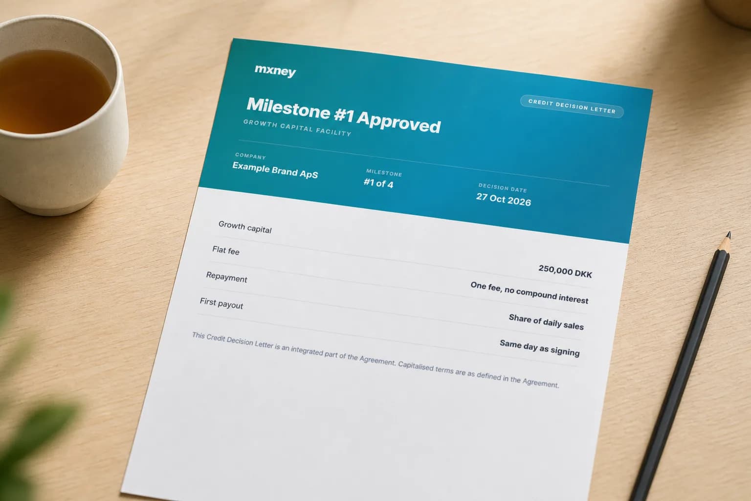 A printed Mxney credit decision letter on a desk