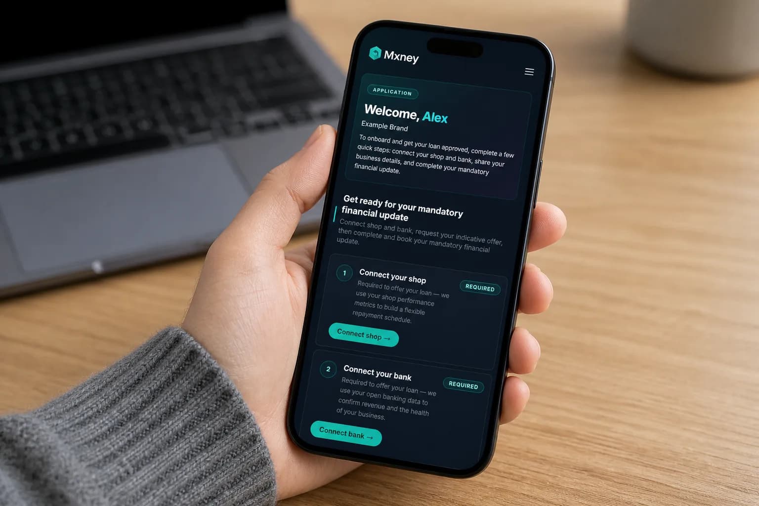 A phone showing the Mxney onboarding page, with Connect your shop and Connect your bank still to do