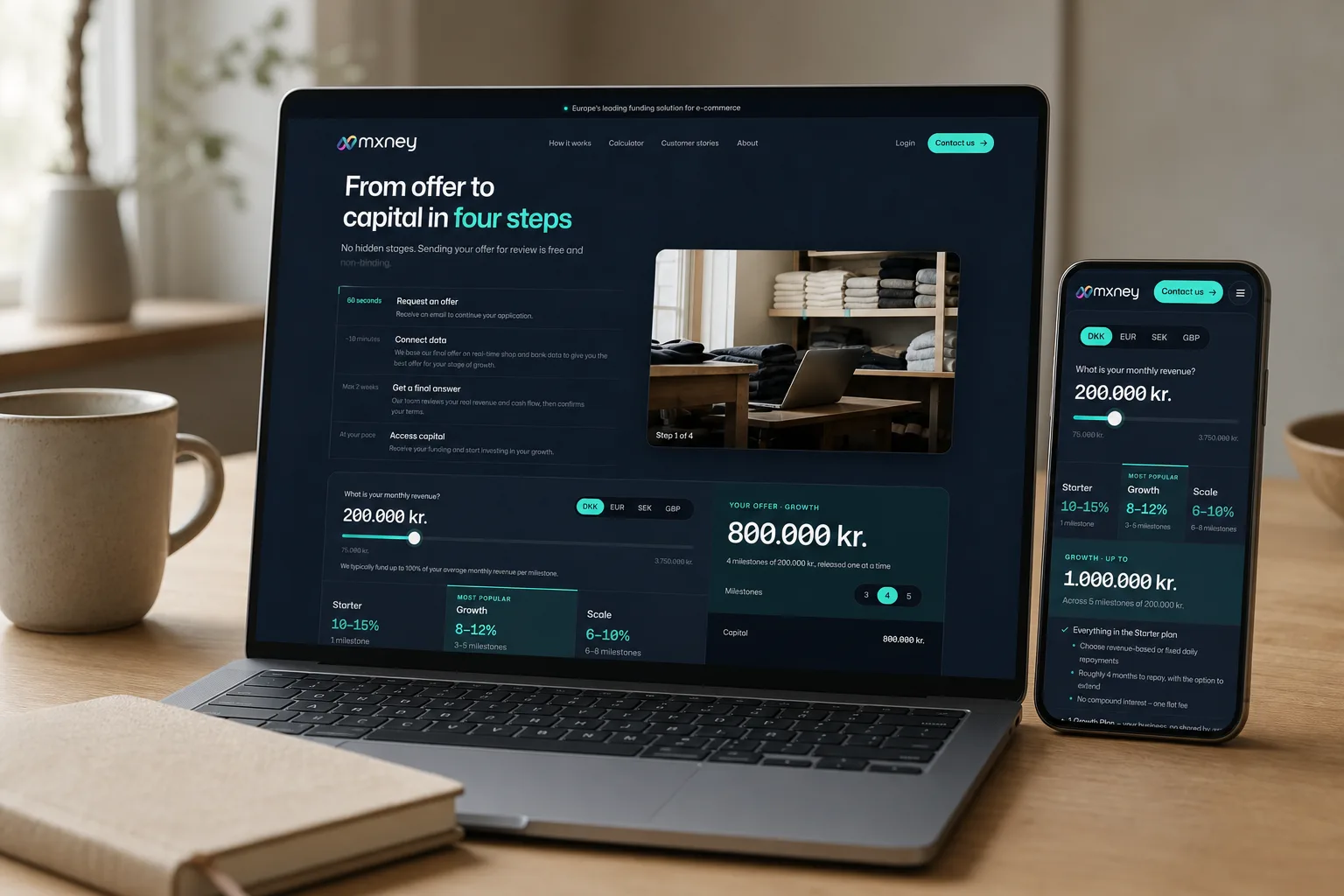 The mxney.io get-offer page on a laptop, with the funding calculator on a phone beside it