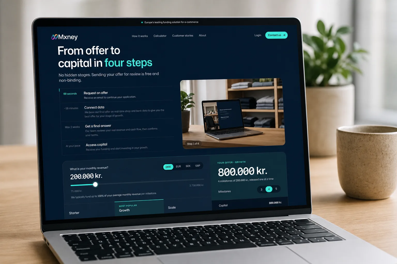 A laptop showing the mxney.io get-offer page and funding calculator